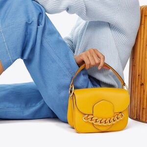 $628 Tory Burch Jessie Chain Yellow Smooth Leather Top Handle Crossbody Bag